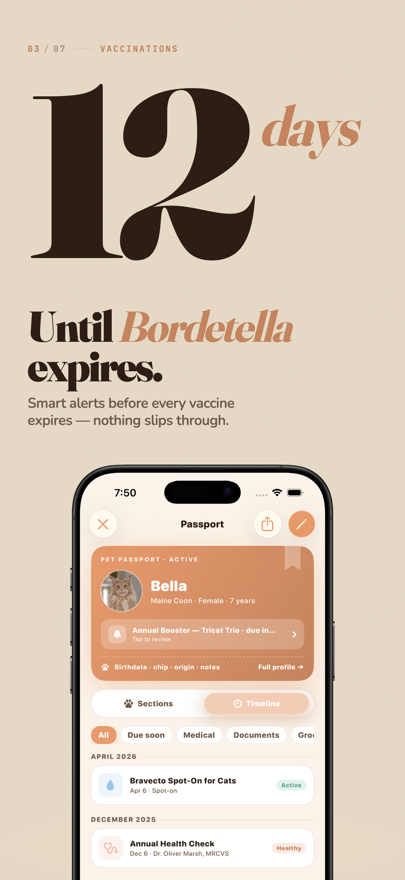 Pet vaccination records in the PawsDoc app